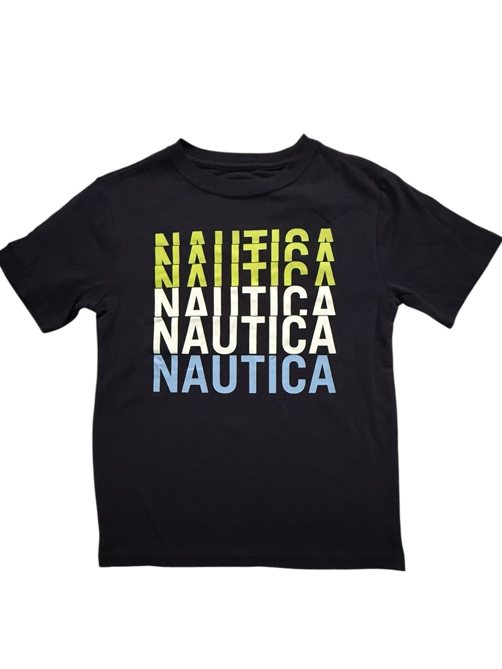 NWT Nautica Boys Graphic Tee Size 5/ M Retro Streetwear Block Logo T-Shirt Navy